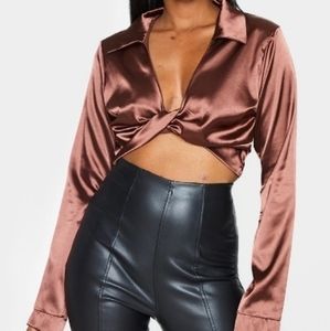 Pretty Little Thing Chocolate Satin Crop Shirt